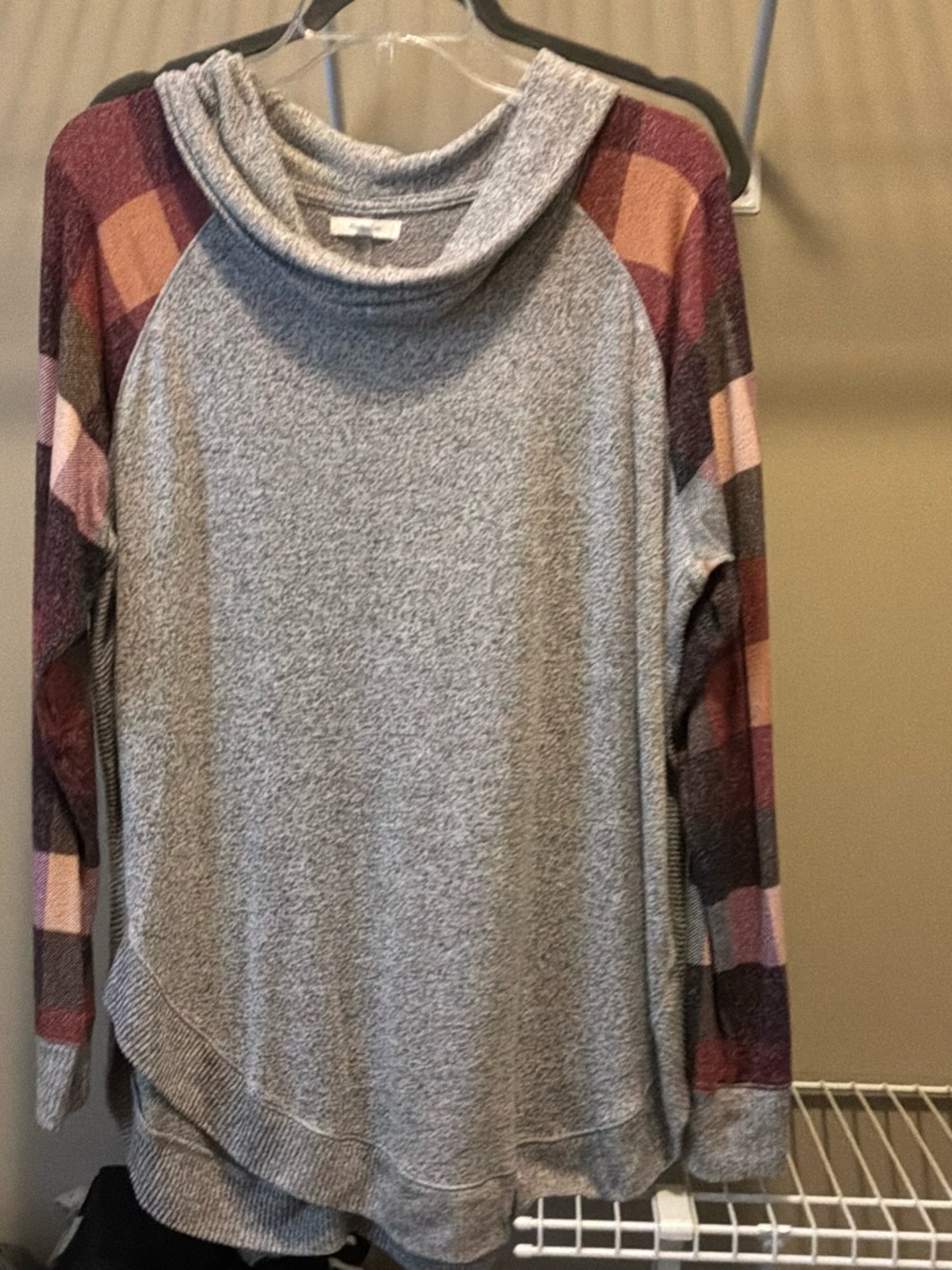 Maurices Gray Pullover with Plaid Sleeve Detail